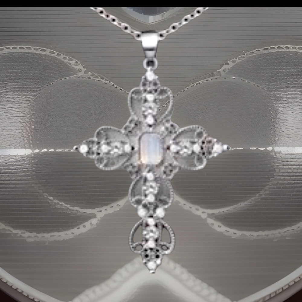 Unique Real White Opal CROSS Pendant W/S925 Necklace In God We Trust